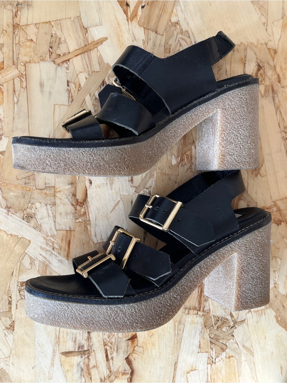 Miista Black Leather Platform Sandals with Brass Buckles - Picture 3 of 4